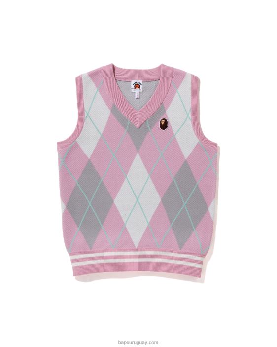 chaleco de punto de rombos con parche en la cabeza jr niños rosa 26D801690 A Bathing Ape